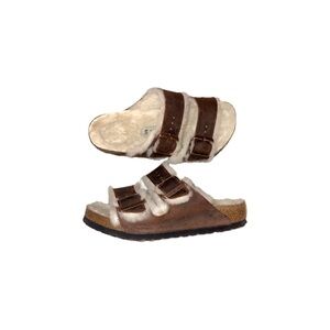 Birkenstock Arizona Shearling Lined Habana Oiled Leather Sandals Brown - Size 37